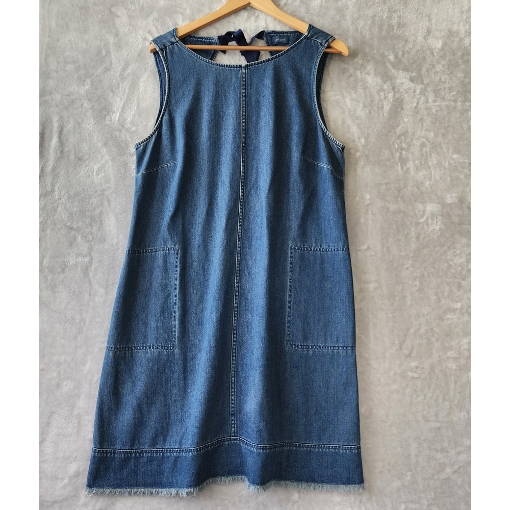 J. Jill Denim Dress Size Large Blue Jean Raw Frayed Hem Ribbon Bow Patch Pockets